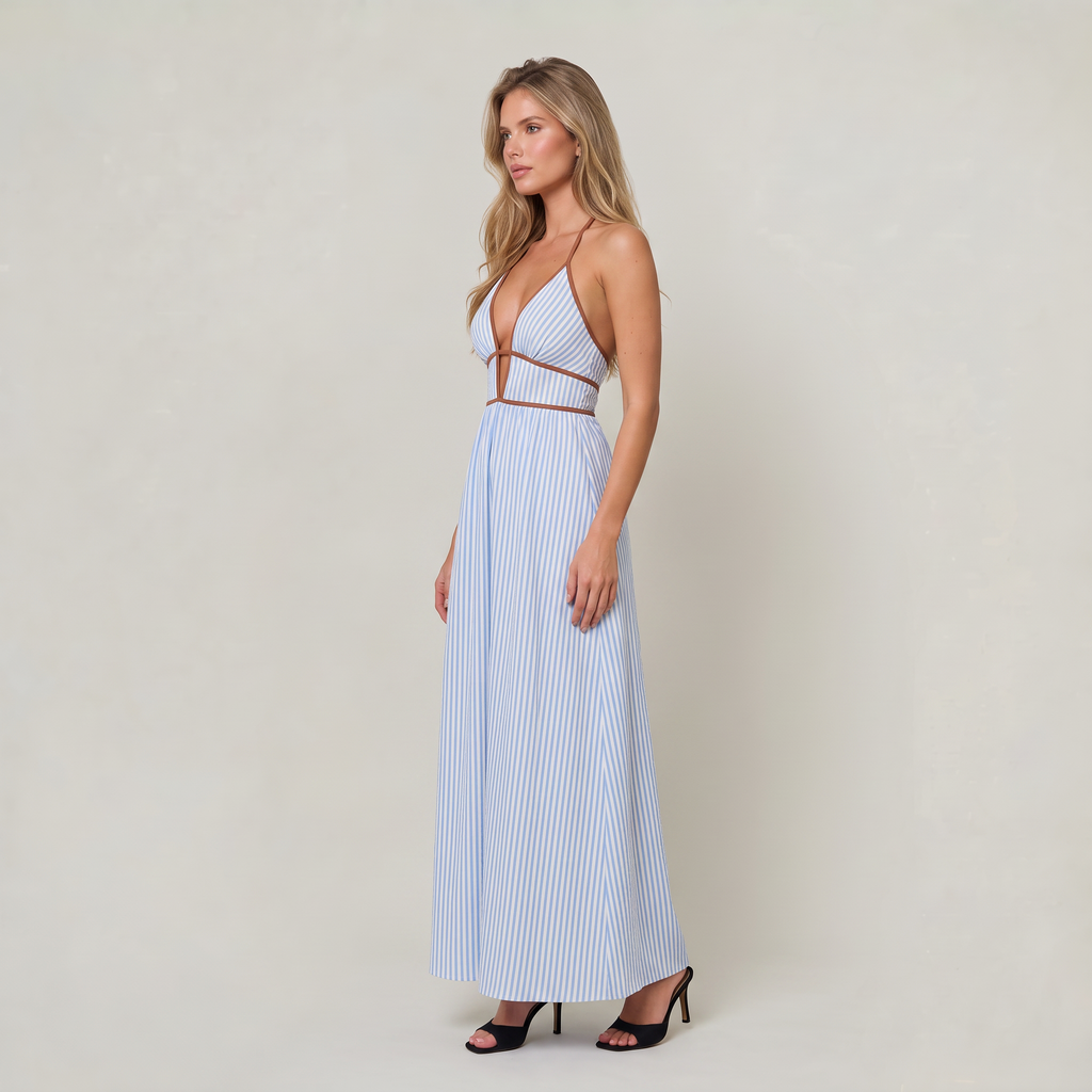 Women’s Striped Halter Cut-Out Maxi Dress