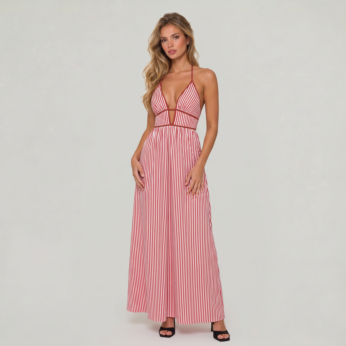 Women’s Striped Halter Cut-Out Maxi Dress