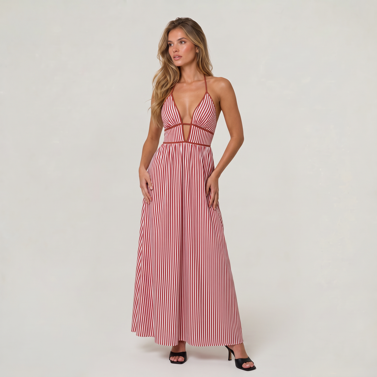Women’s Striped Halter Cut-Out Maxi Dress