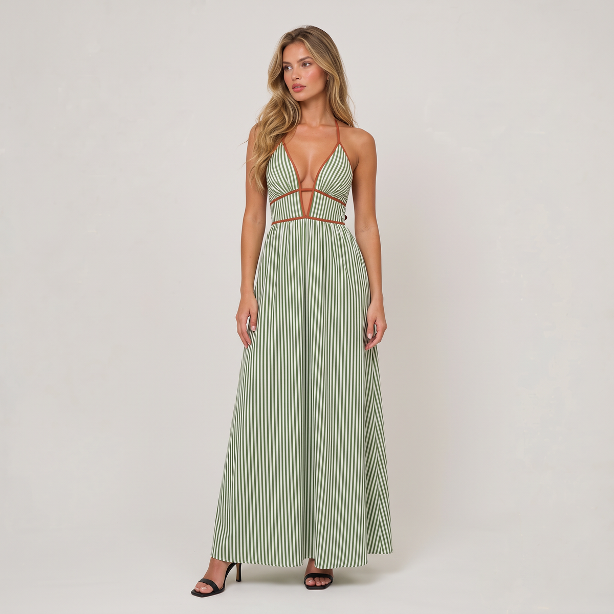 Women’s Striped Halter Cut-Out Maxi Dress