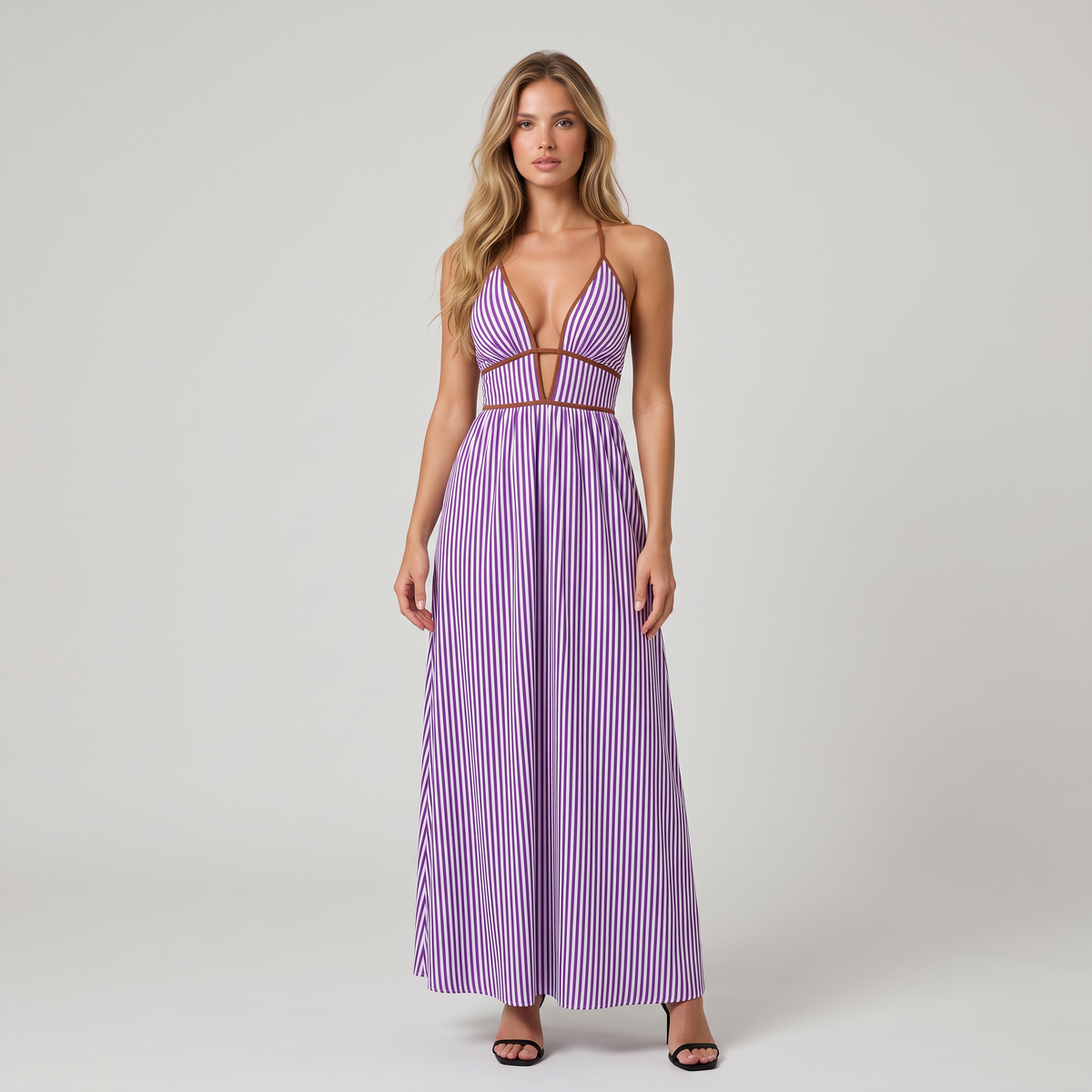 Women’s Striped Halter Cut-Out Maxi Dress