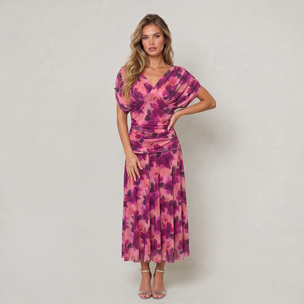 Women’s Floral Off-Shoulder Ruched Midi Dress