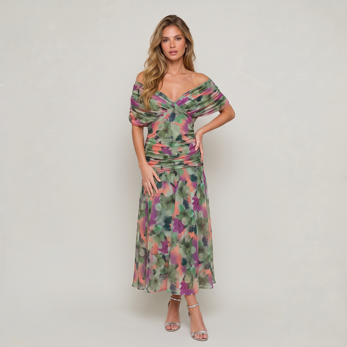 Women’s Floral Off-Shoulder Ruched Midi Dress