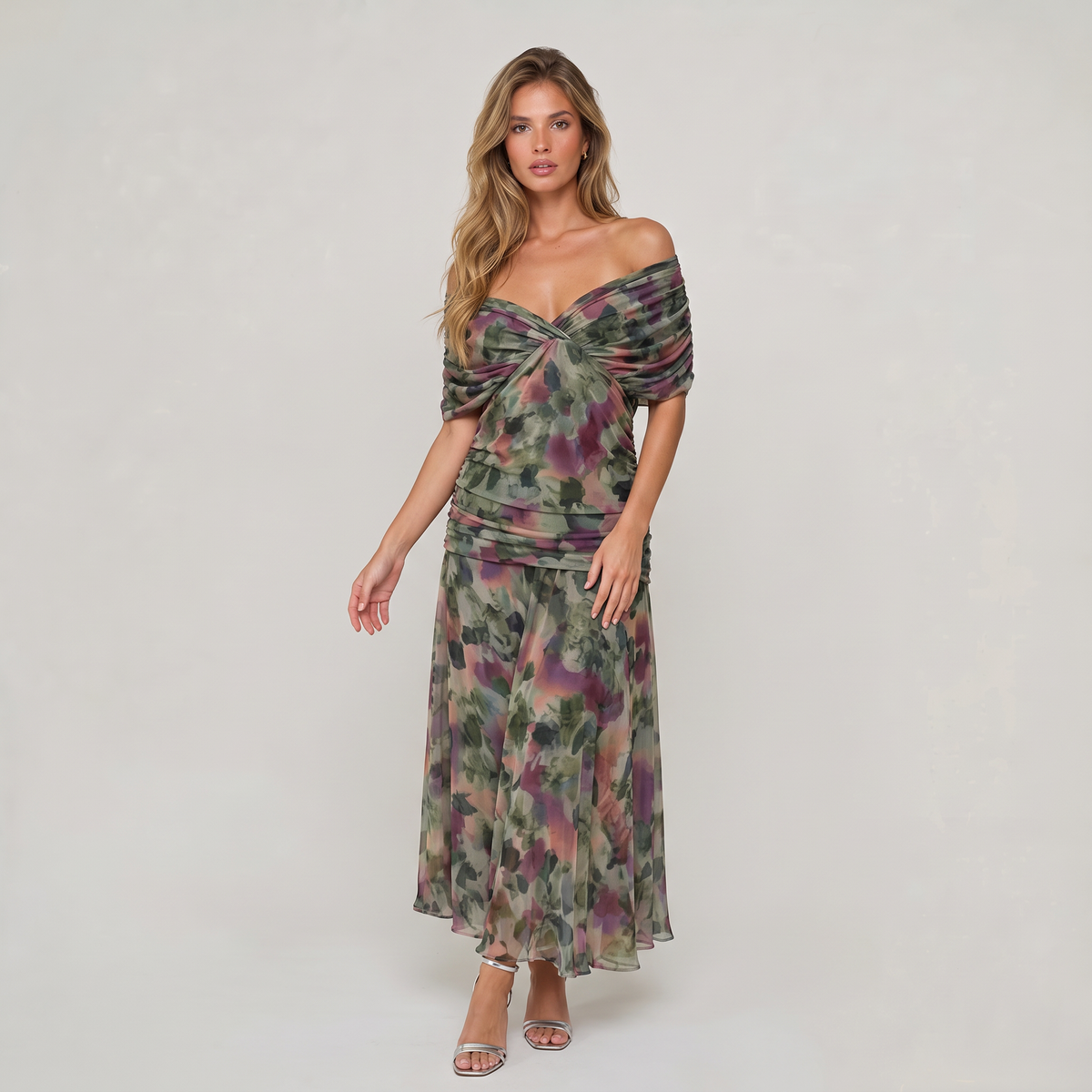 Women’s Floral Off-Shoulder Ruched Midi Dress