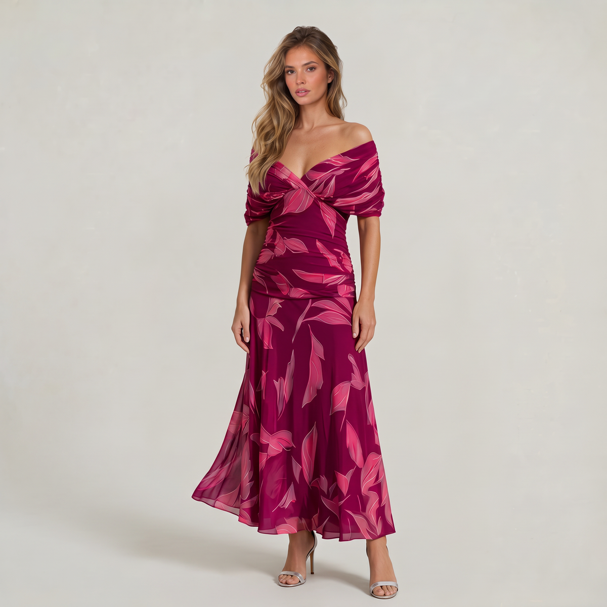 Women’s Floral Off-Shoulder Ruched Midi Dress