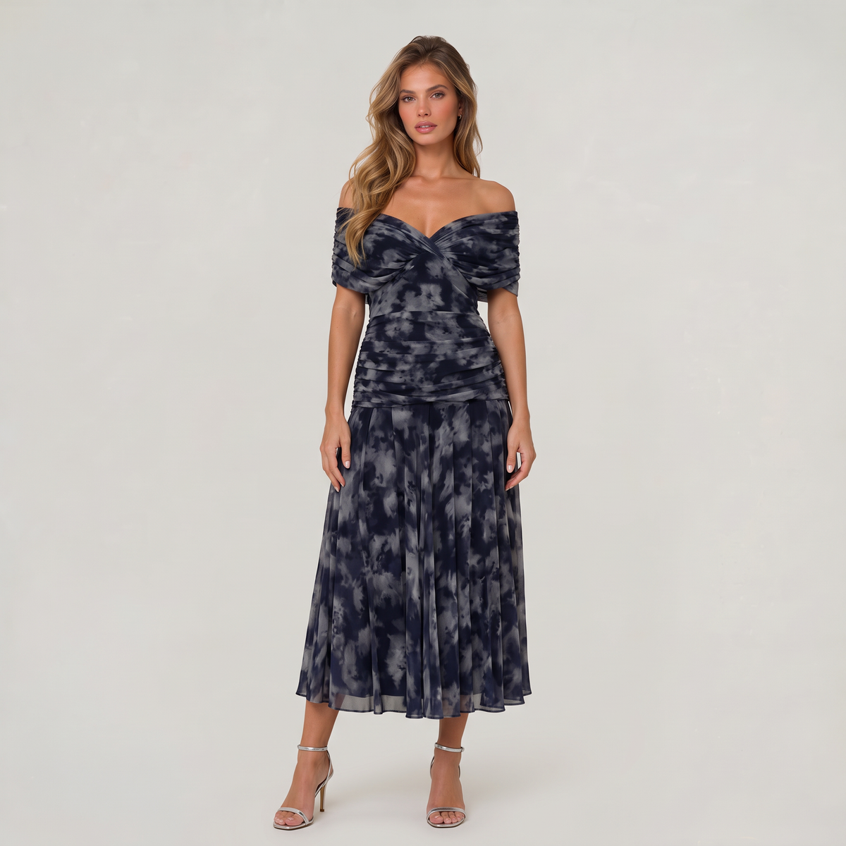 Women’s Floral Off-Shoulder Ruched Midi Dress