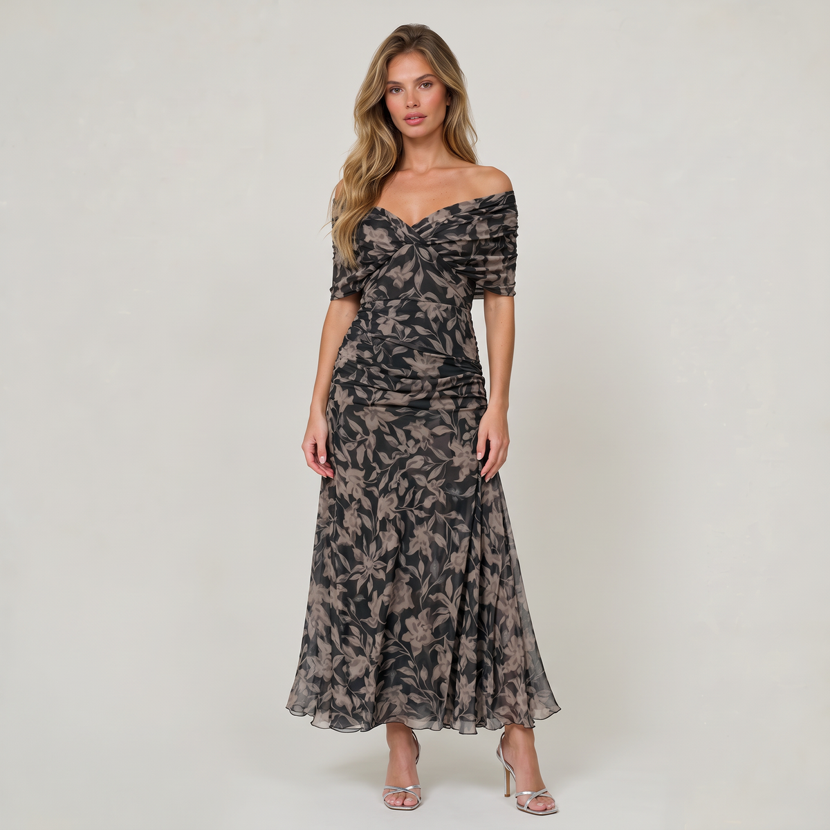 Women’s Floral Off-Shoulder Ruched Midi Dress