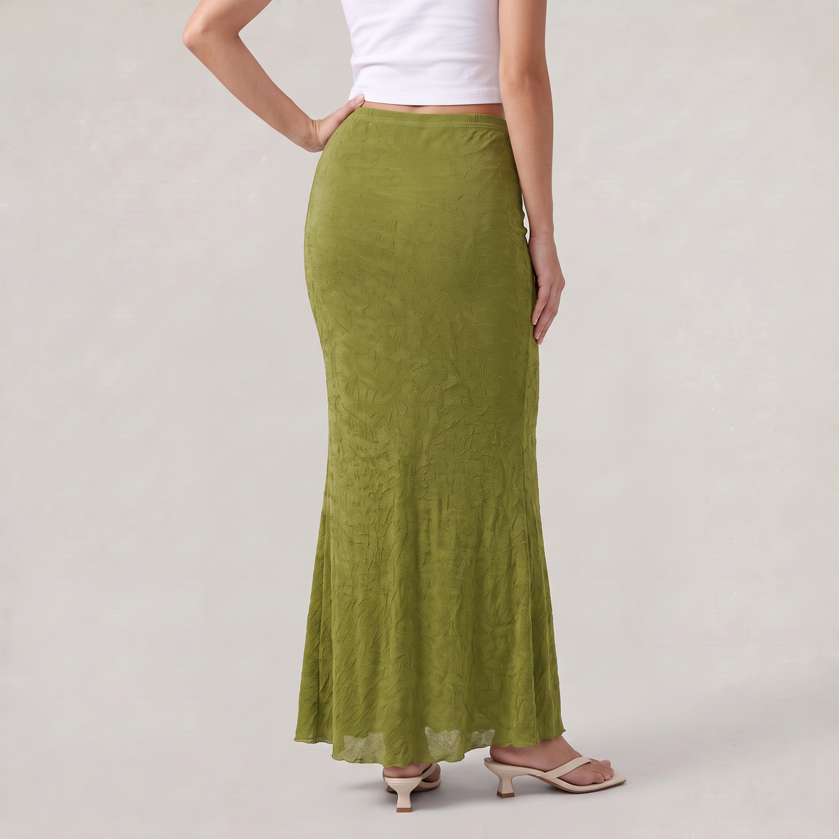 Women’s Olive Green Ruched Maxi Skirt