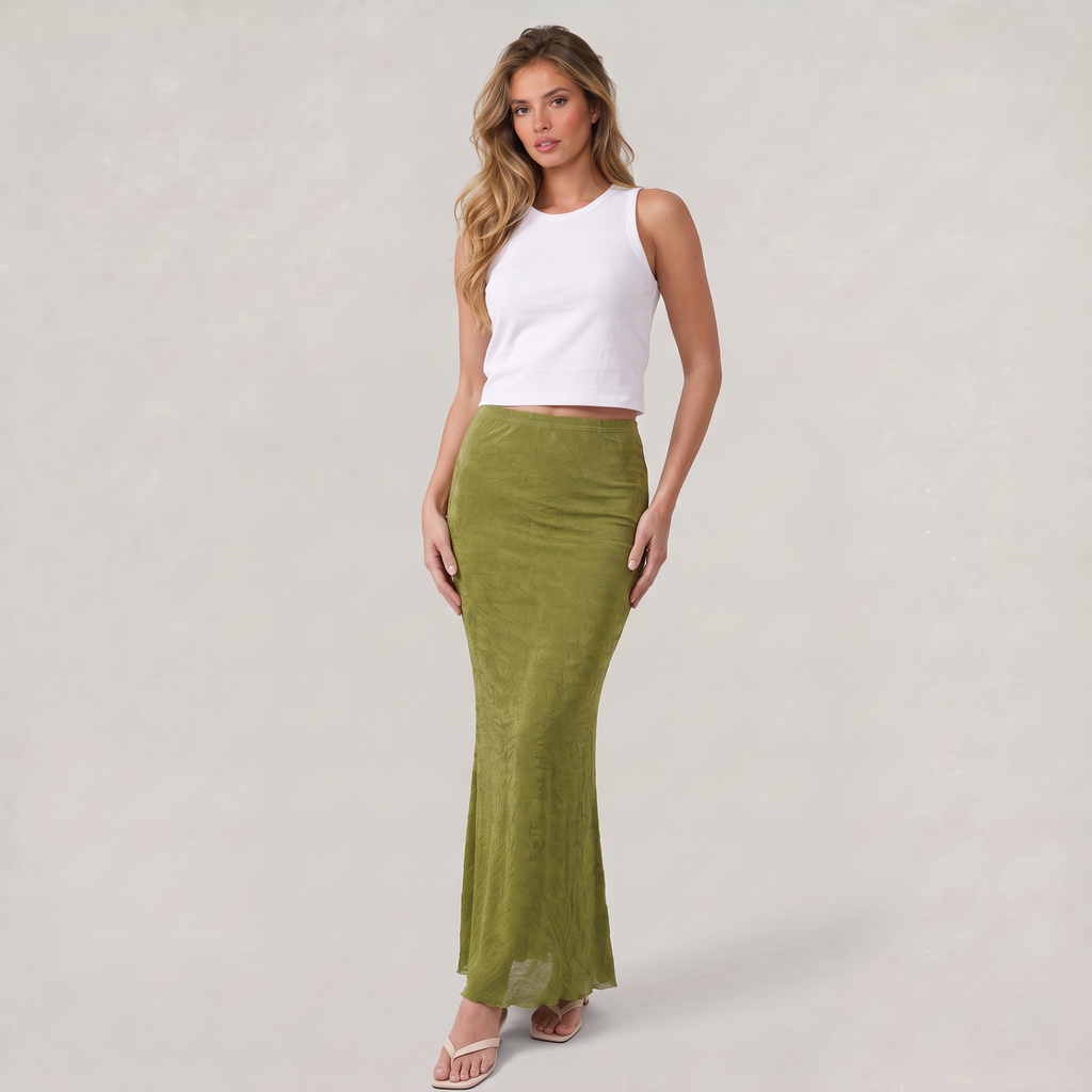 Women’s Olive Green Ruched Maxi Skirt