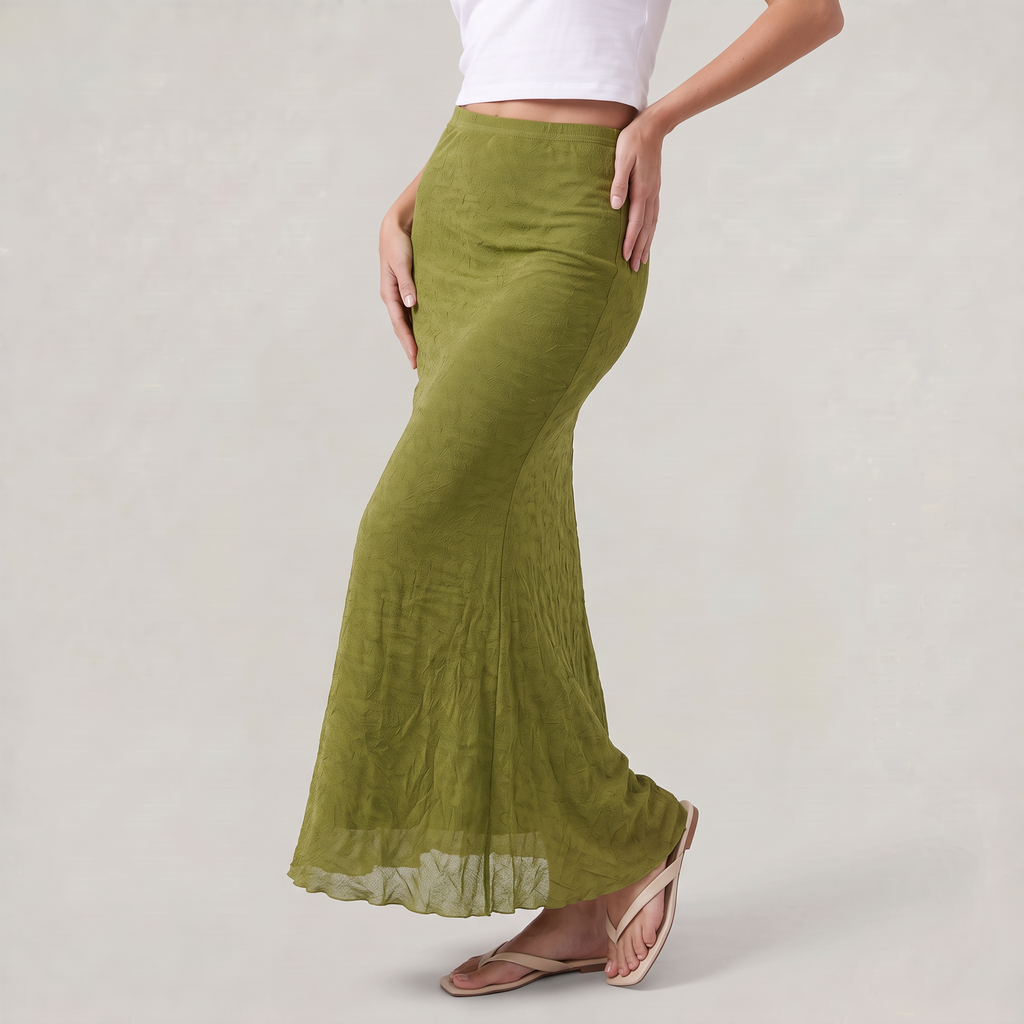 Women’s Olive Green Ruched Maxi Skirt