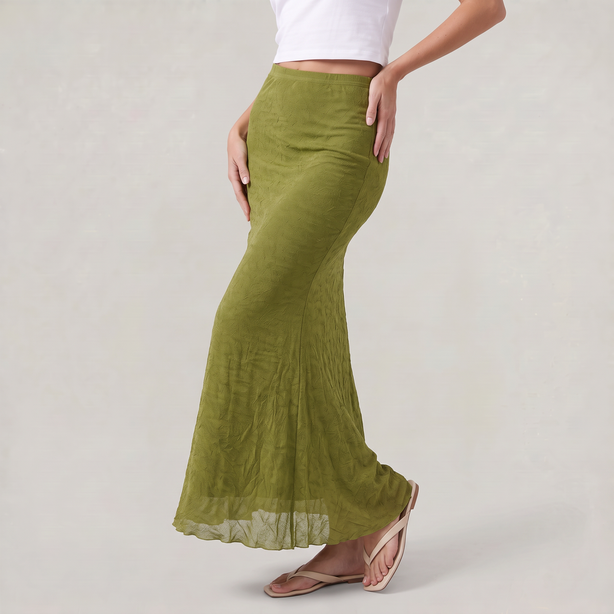 Women’s Olive Green Ruched Maxi Skirt