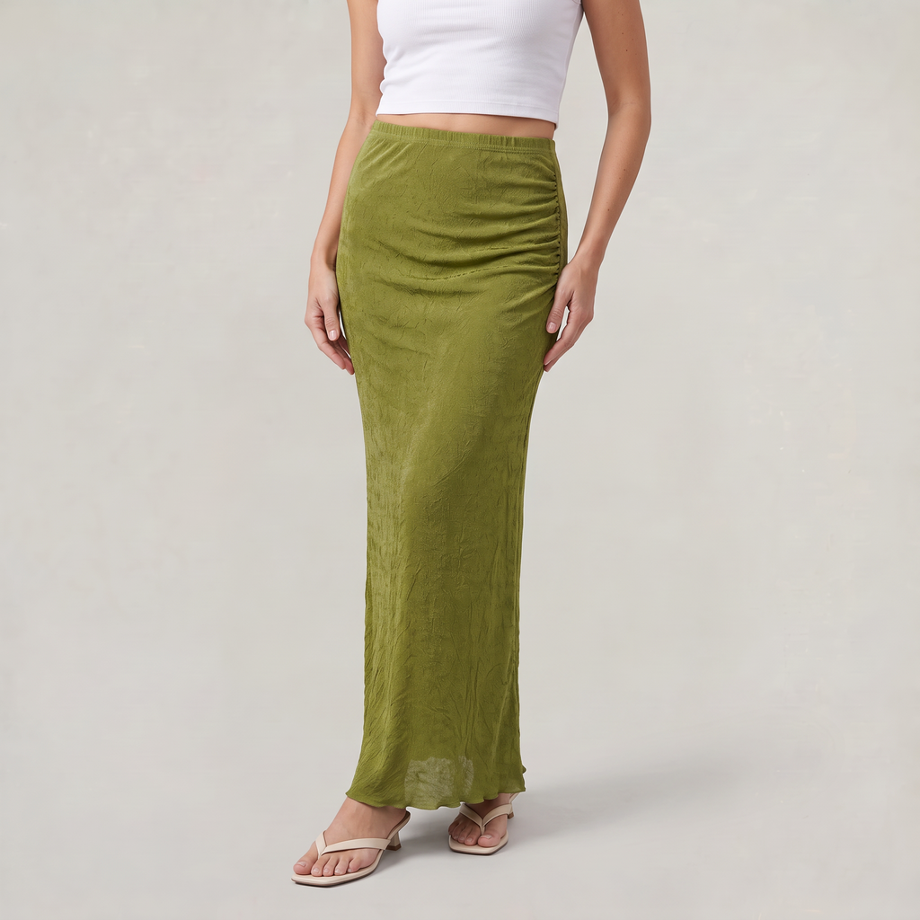 Women’s Olive Green Ruched Maxi Skirt