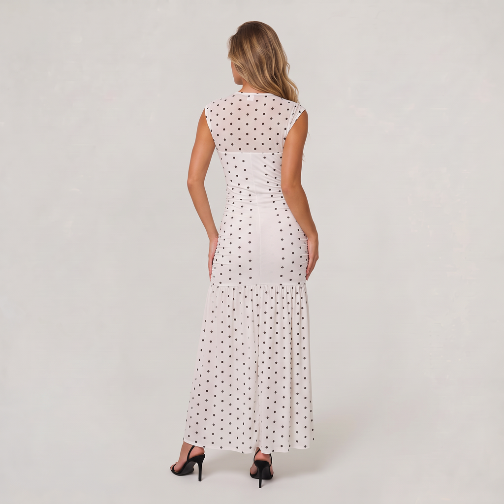 Women’s Polka Dot Ruched High Neck Maxi Dress