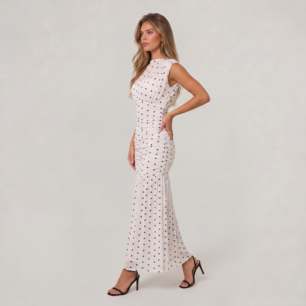 Women’s Polka Dot Ruched High Neck Maxi Dress