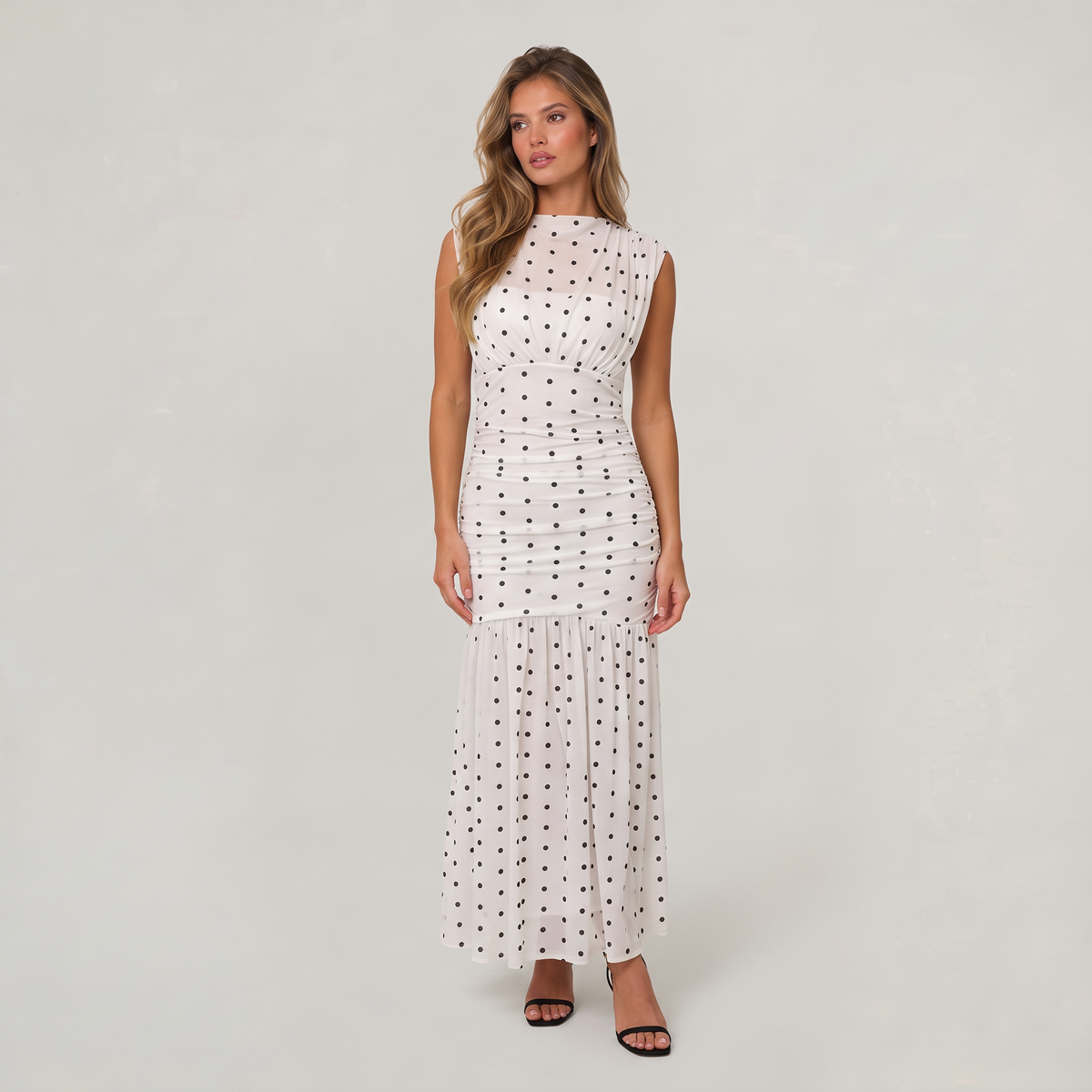 Women’s Polka Dot Ruched High Neck Maxi Dress