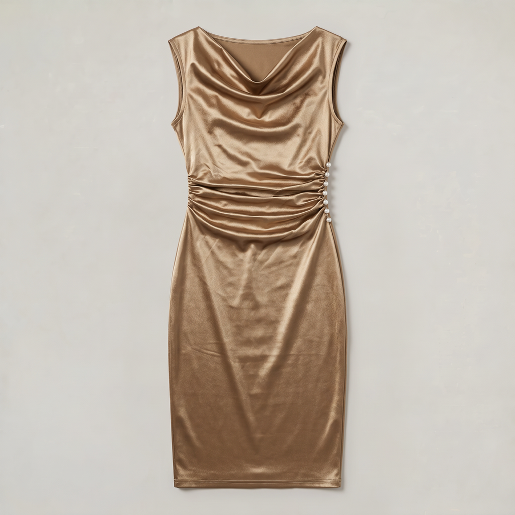 Women’s Satin Midi Dress Draped Pearl Detail