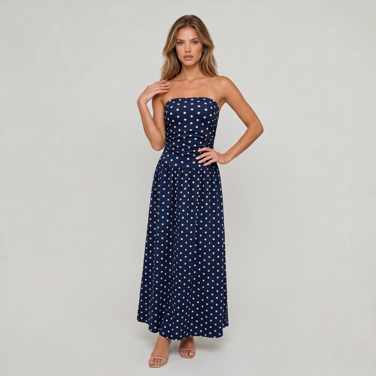 Women’s Strapless Ruched Polka Dot Maxi Dress