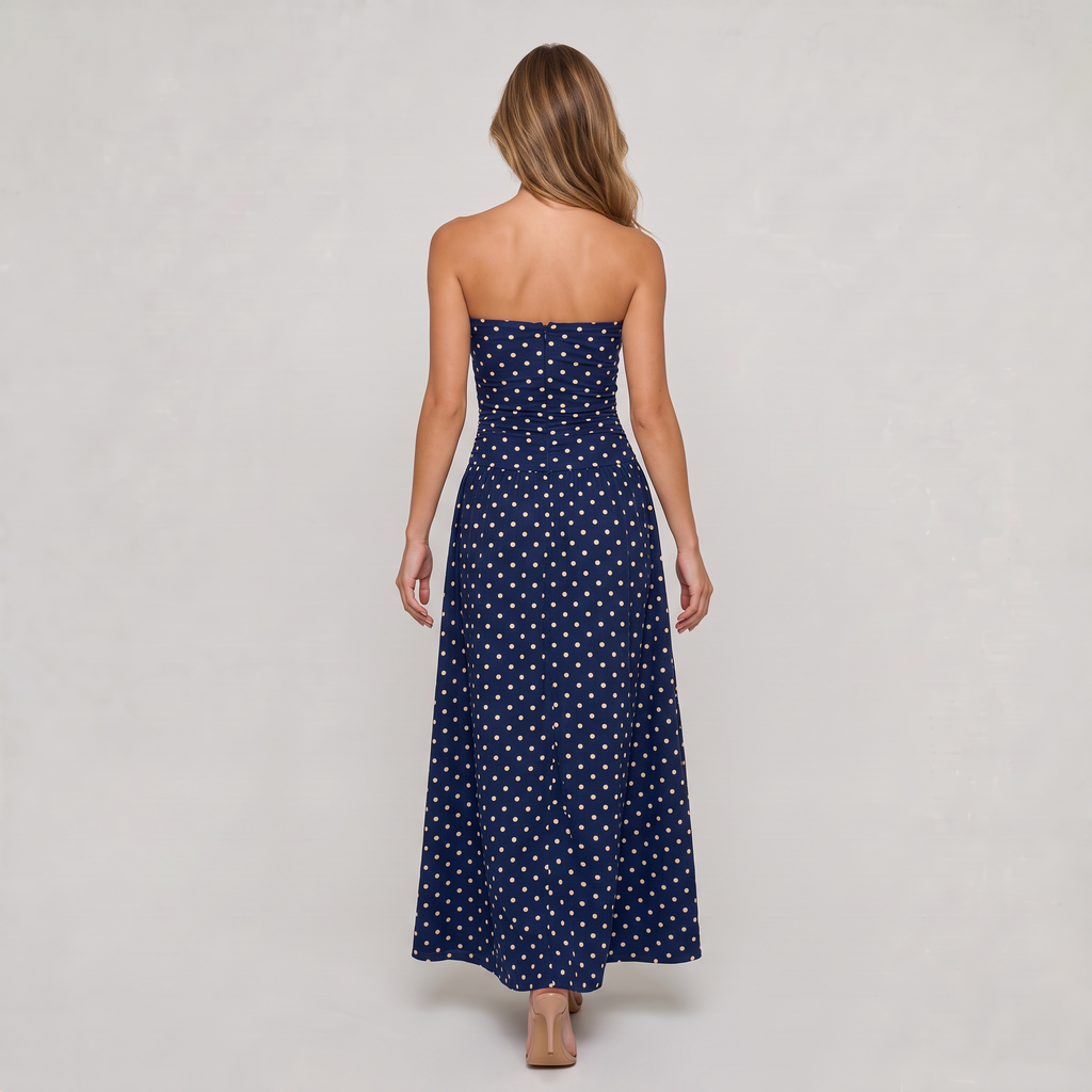Women’s Strapless Ruched Polka Dot Maxi Dress