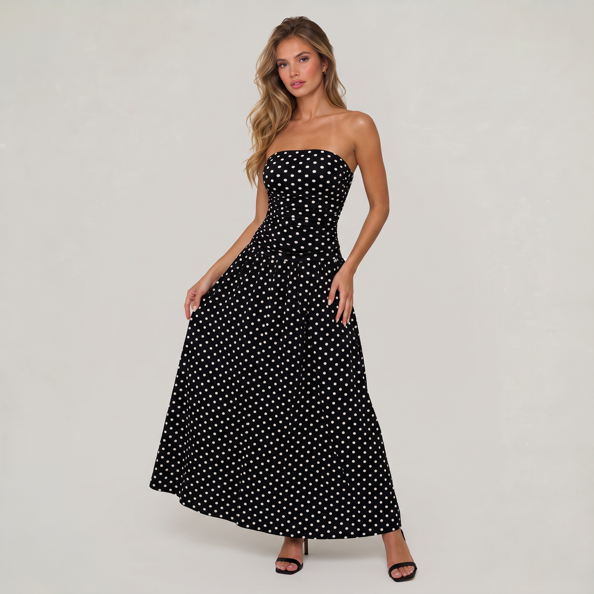 Women’s Strapless Ruched Polka Dot Maxi Dress