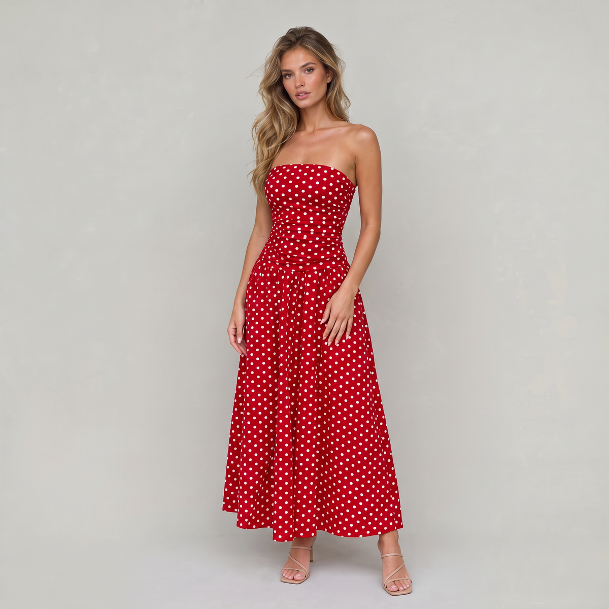 Women’s Strapless Ruched Polka Dot Maxi Dress