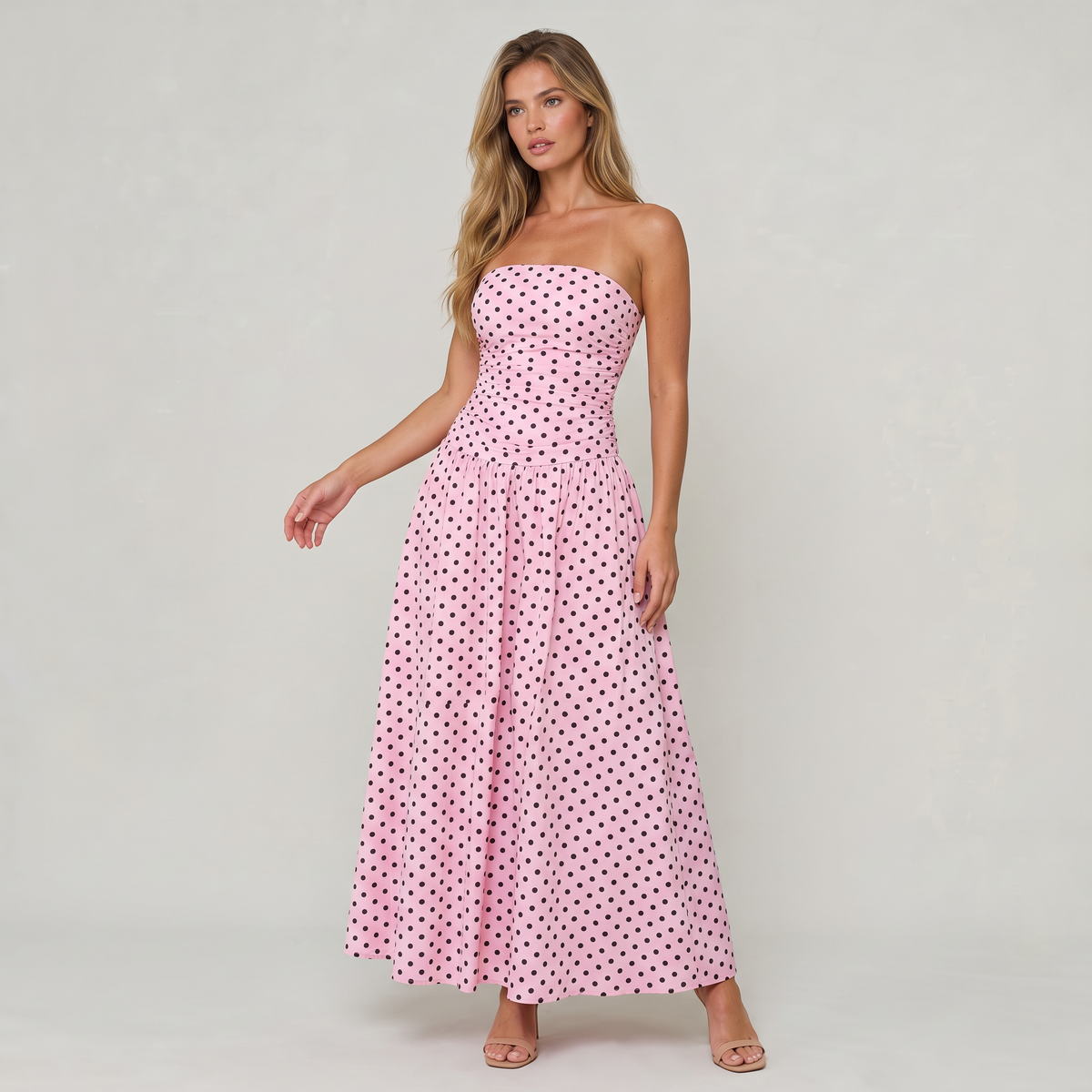 Women’s Strapless Ruched Polka Dot Maxi Dress