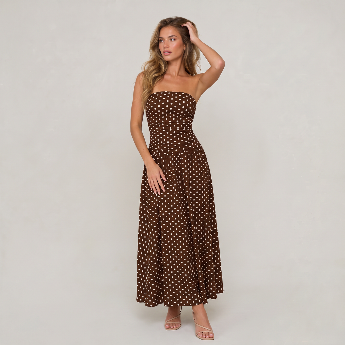 Women’s Strapless Ruched Polka Dot Maxi Dress