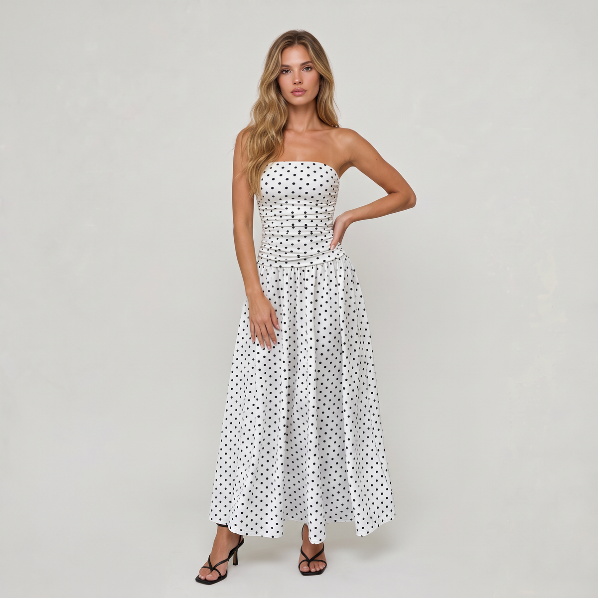 Women’s Strapless Ruched Polka Dot Maxi Dress