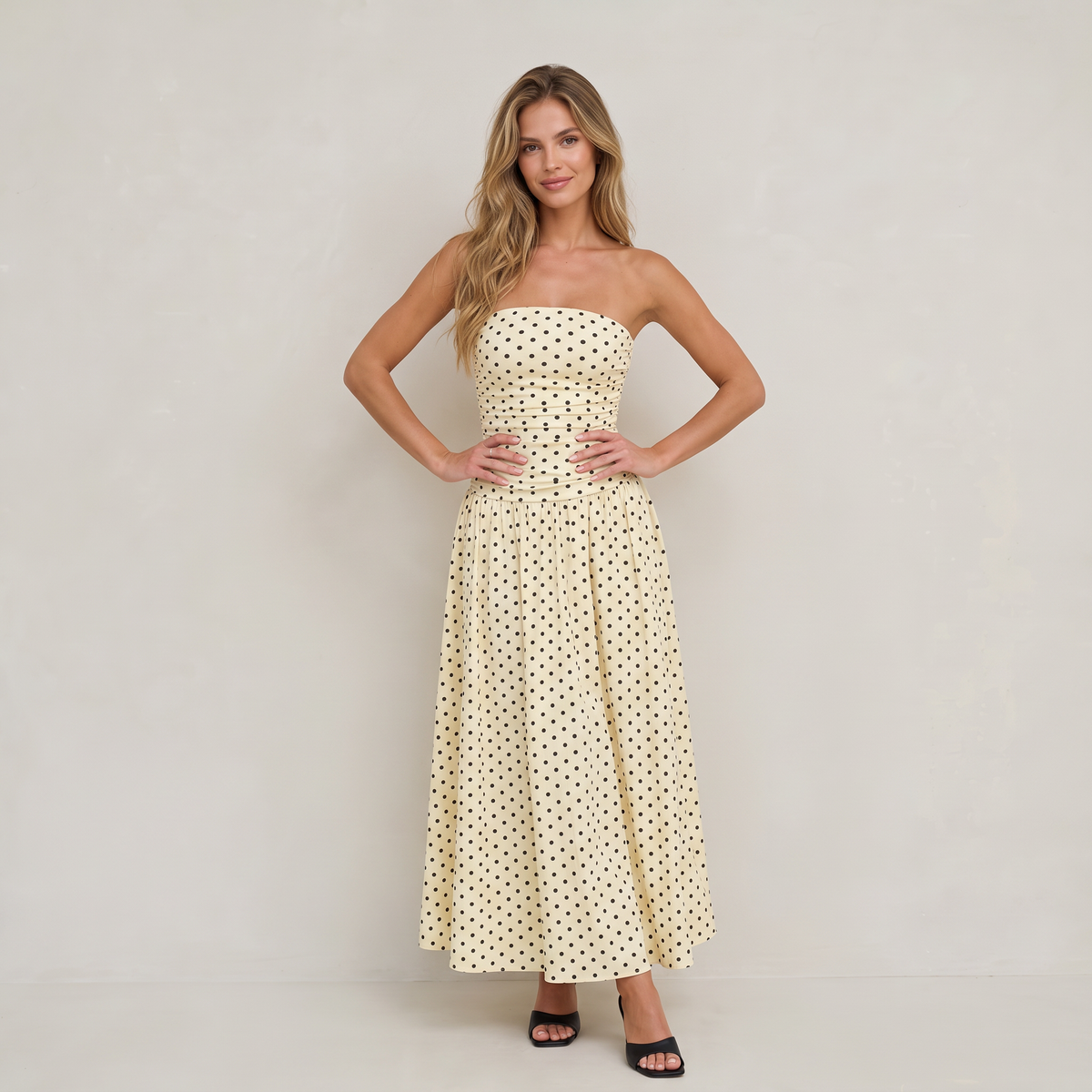 Women’s Strapless Ruched Polka Dot Maxi Dress