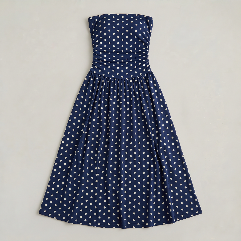 Women’s Strapless Ruched Polka Dot Maxi Dress