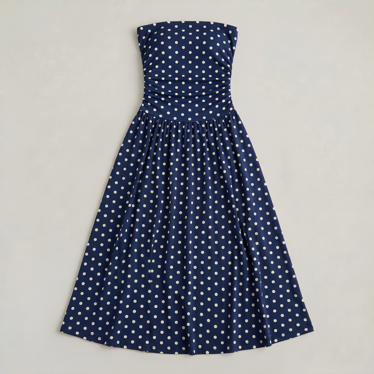 Women’s Strapless Ruched Polka Dot Maxi Dress