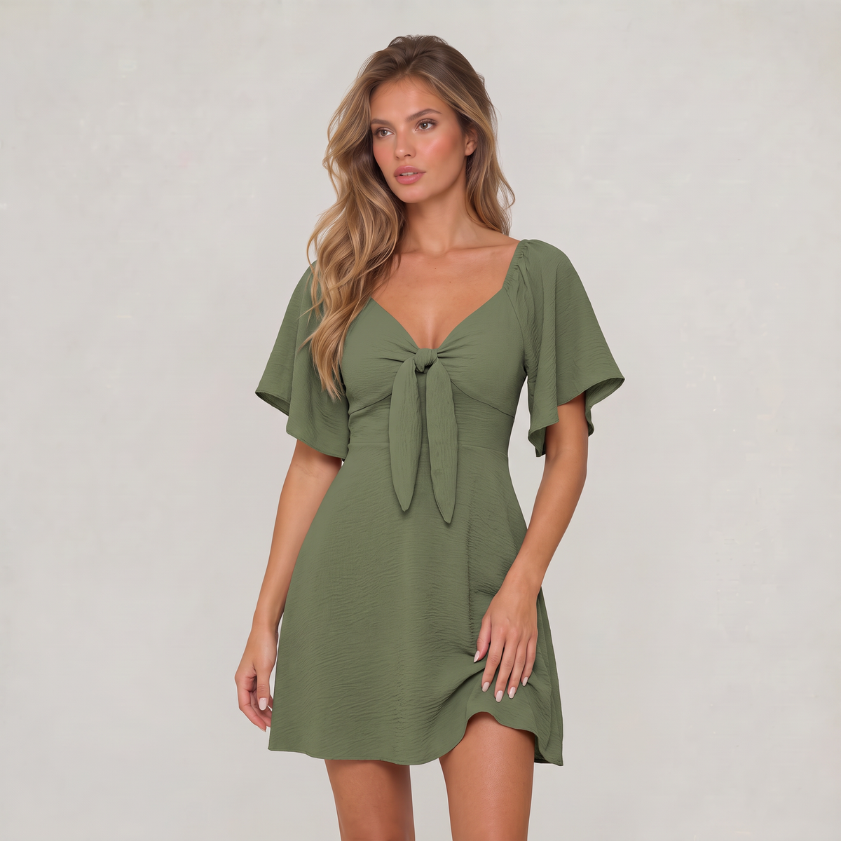 Women’s Tie Front Flutter Sleeve Mini Dress