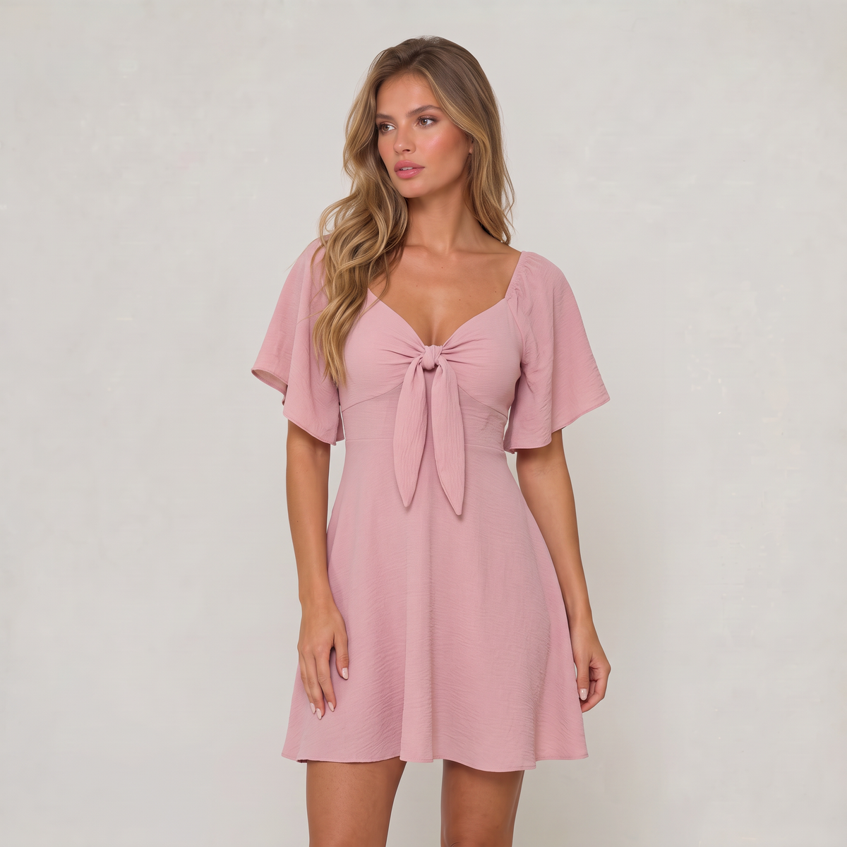 Women’s Tie Front Flutter Sleeve Mini Dress