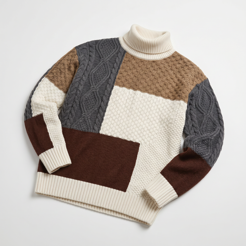 Men’s Cable Knit Sweater - Colour Block Turtleneck Slim Fit