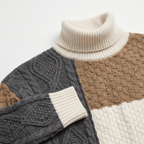 Men’s Cable Knit Sweater - Colour Block Turtleneck Slim Fit