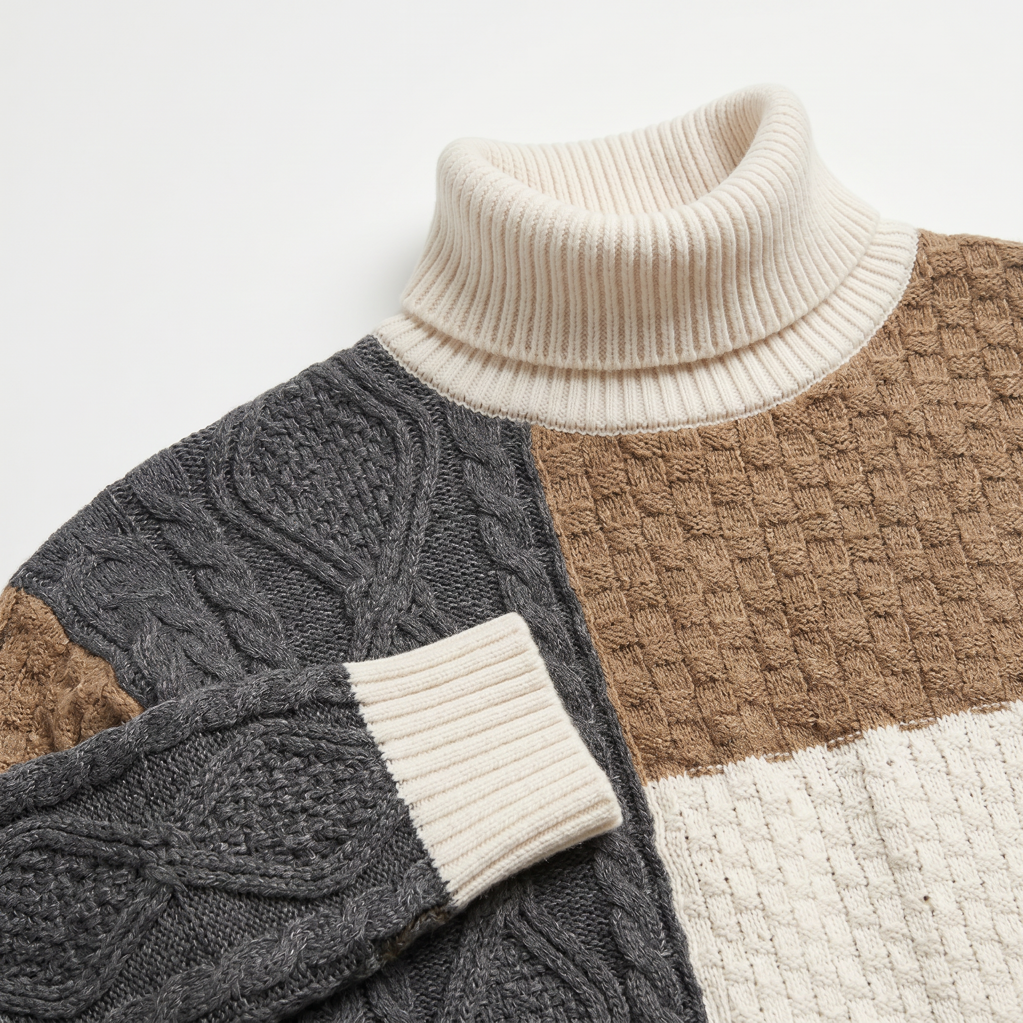 Men’s Cable Knit Sweater - Colour Block Turtleneck Slim Fit