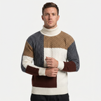 Men’s Cable Knit Sweater - Colour Block Turtleneck Slim Fit