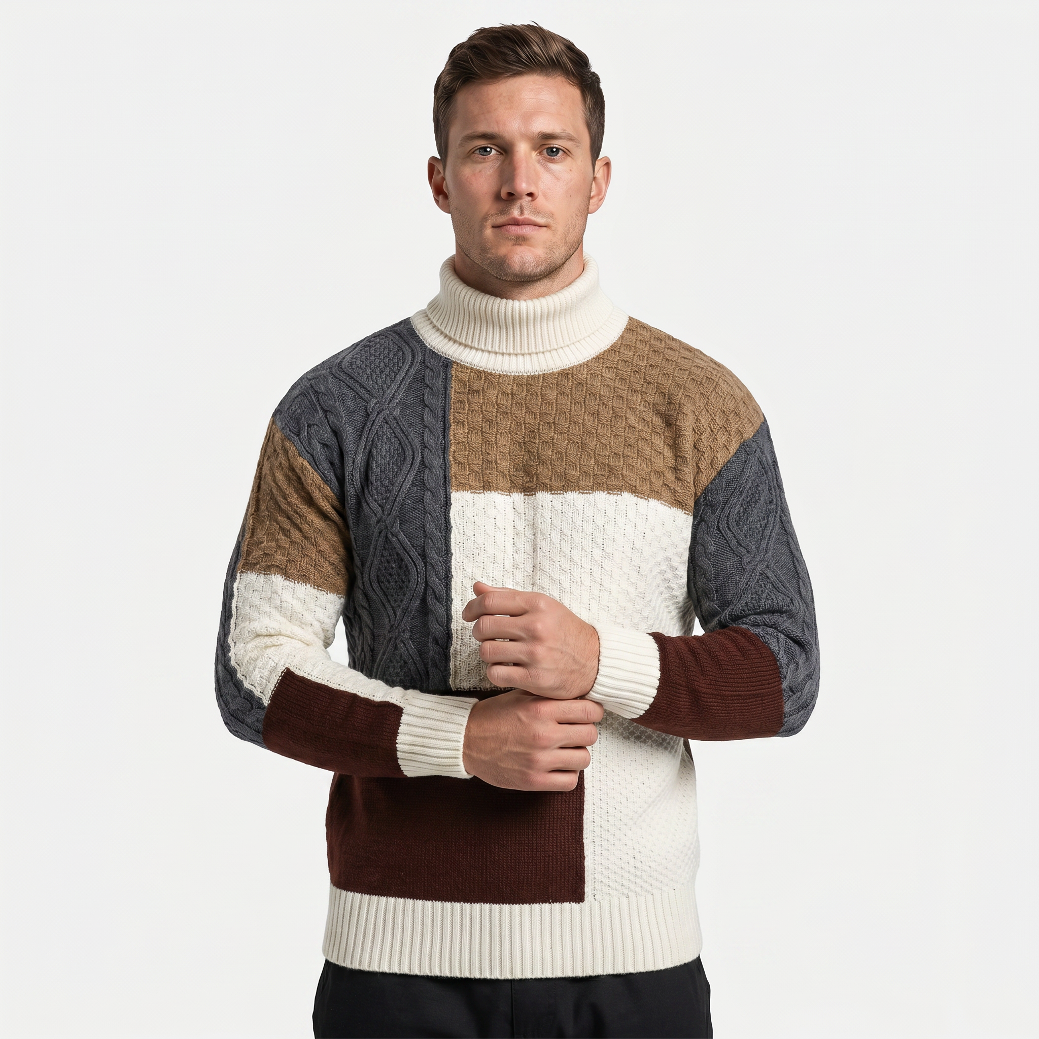 Men’s Cable Knit Sweater - Colour Block Turtleneck Slim Fit