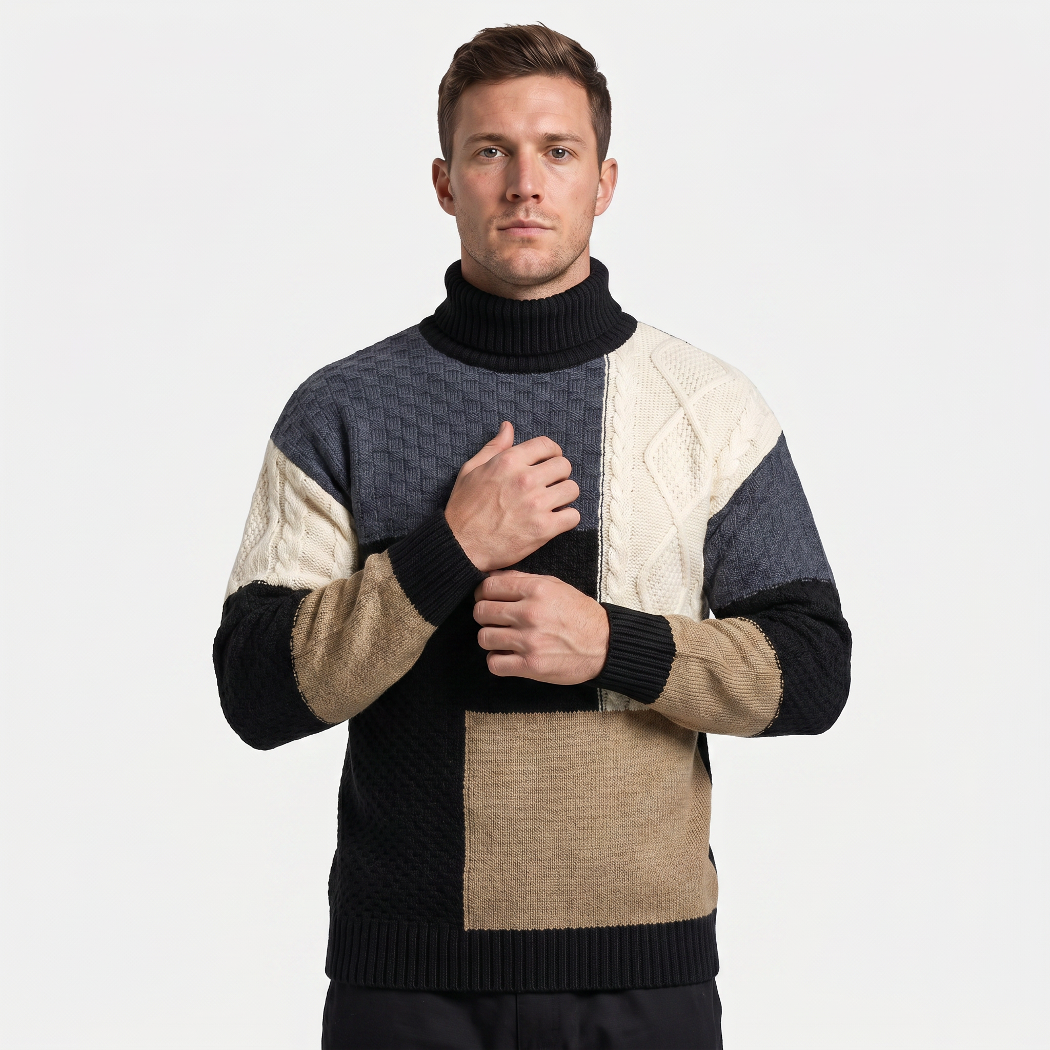 Men’s Cable Knit Sweater - Colour Block Turtleneck Slim Fit