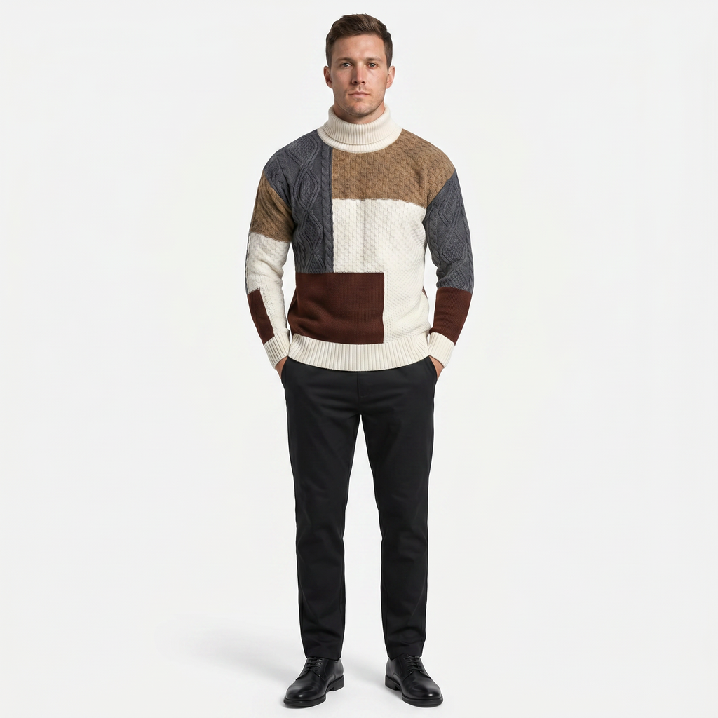 Men’s Cable Knit Sweater - Colour Block Turtleneck Slim Fit