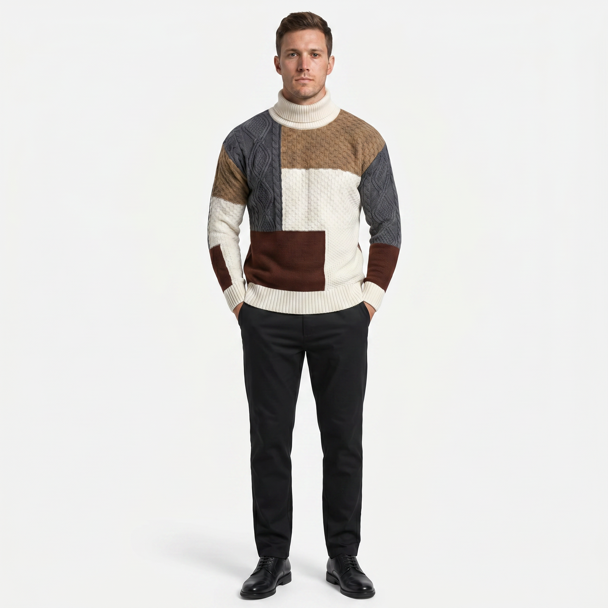 Men’s Cable Knit Sweater - Colour Block Turtleneck Slim Fit