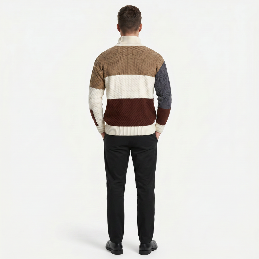 Men’s Cable Knit Sweater - Colour Block Turtleneck Slim Fit