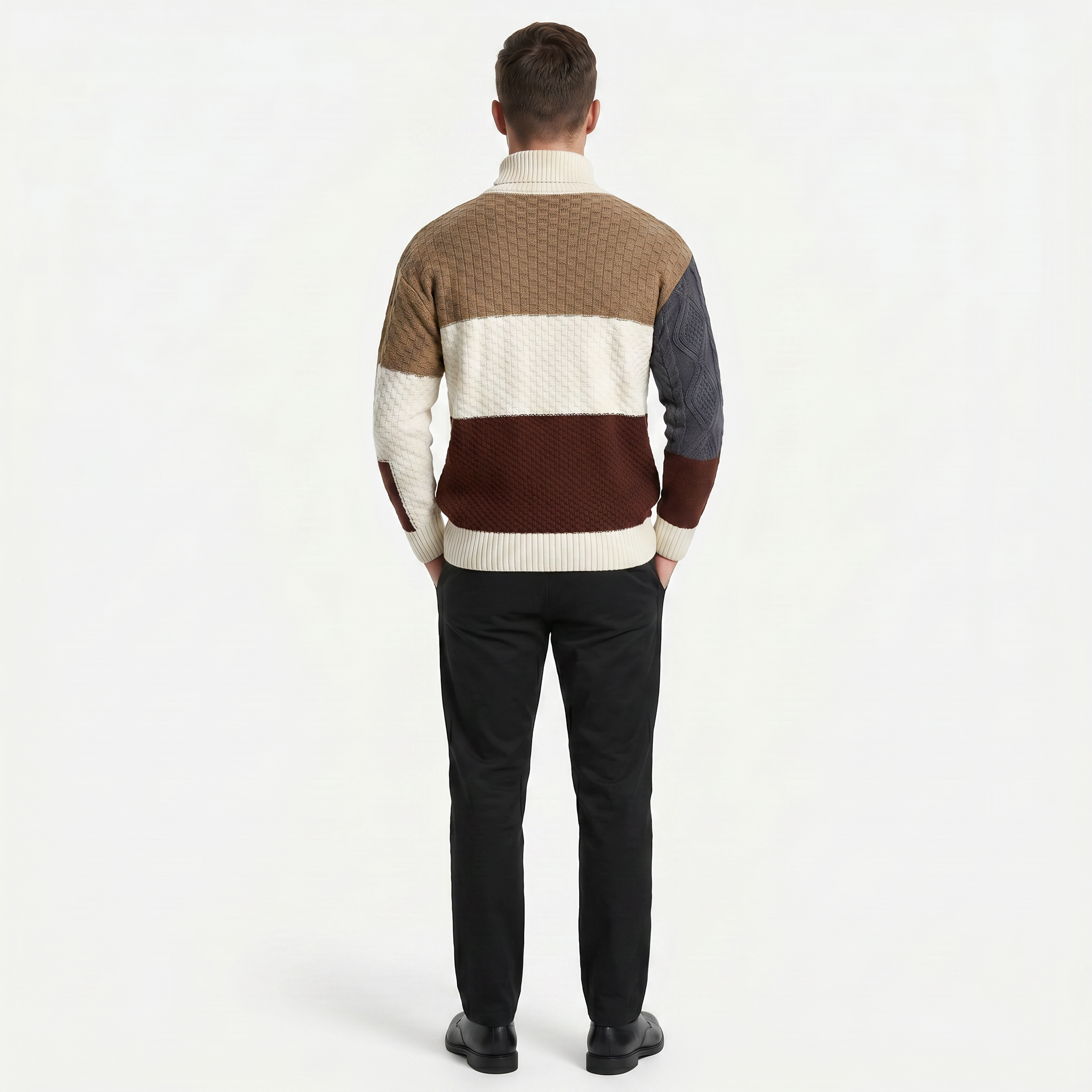 Men’s Cable Knit Sweater - Colour Block Turtleneck Slim Fit