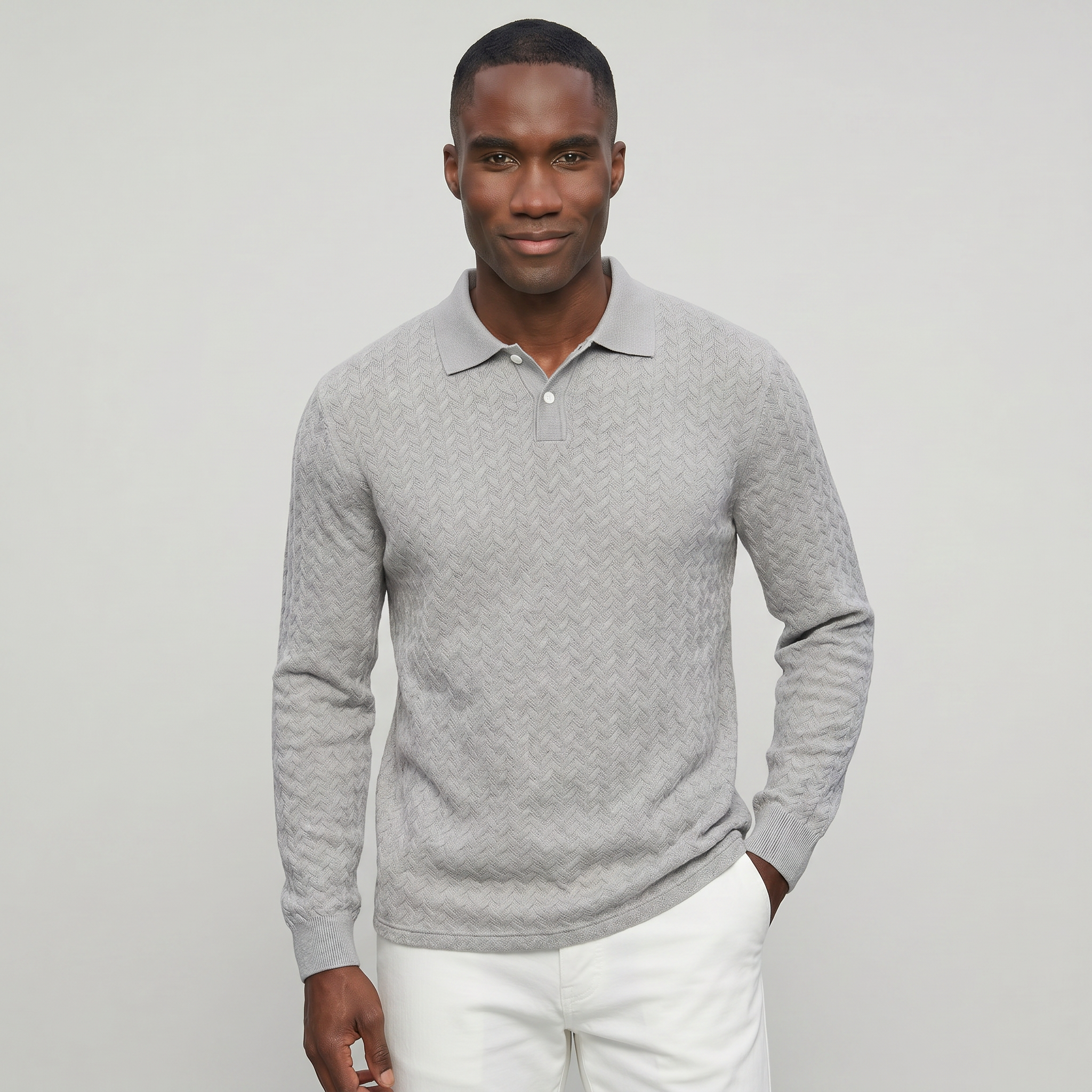 Men’s Cable Knit Polo Sweater - Long Sleeve Business Casual Shirt