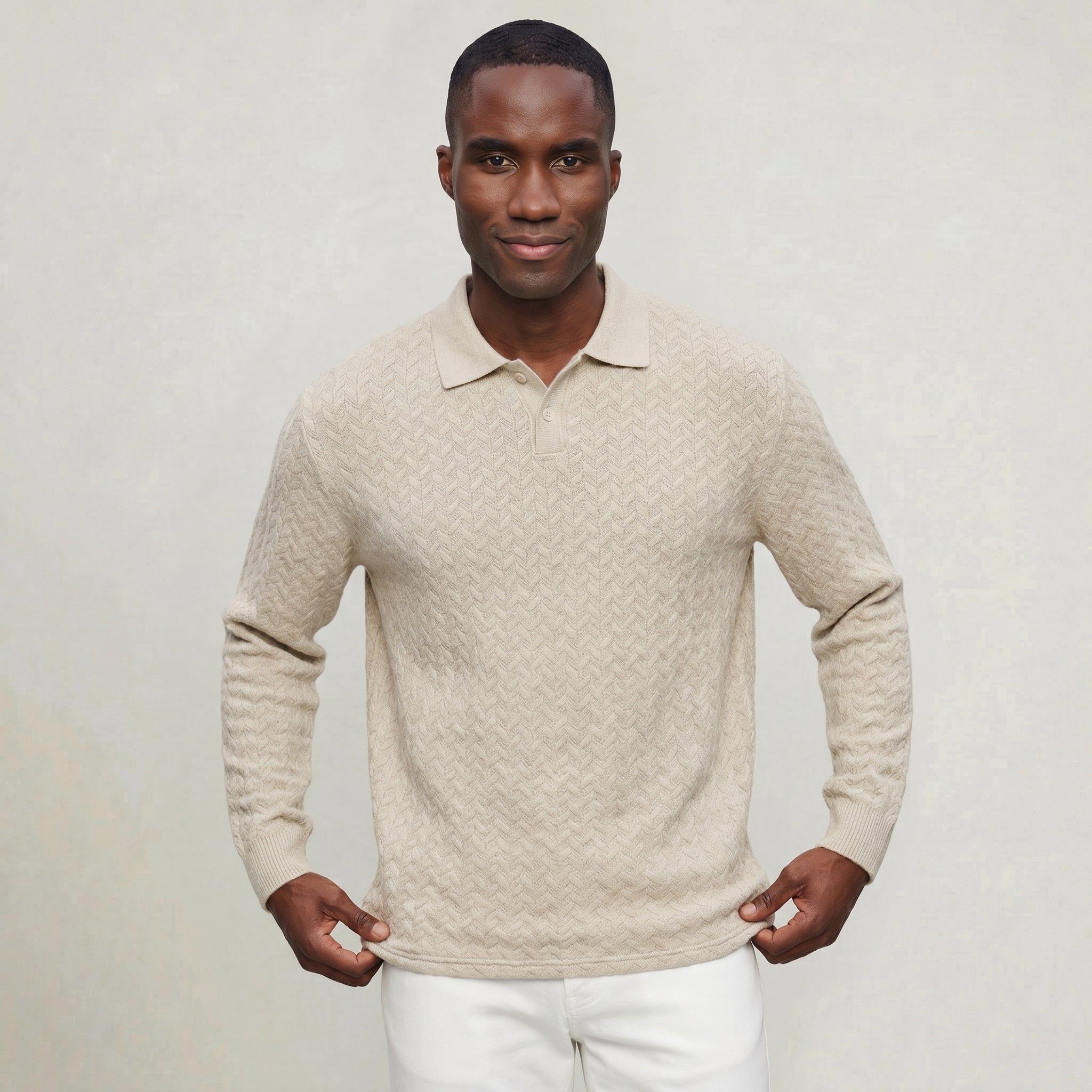 Men’s Cable Knit Polo Sweater - Long Sleeve Business Casual Shirt