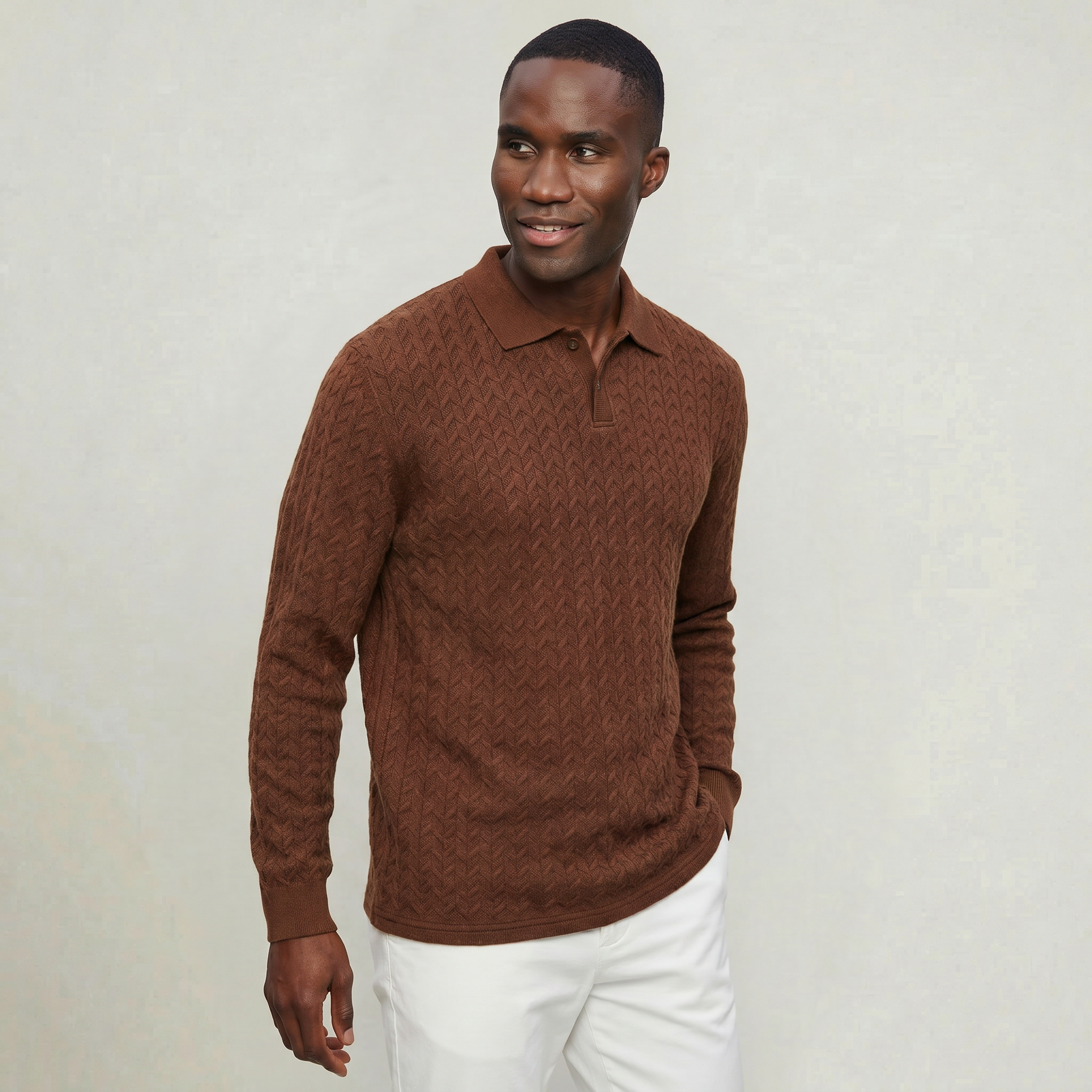 Men’s Cable Knit Polo Sweater - Long Sleeve Business Casual Shirt
