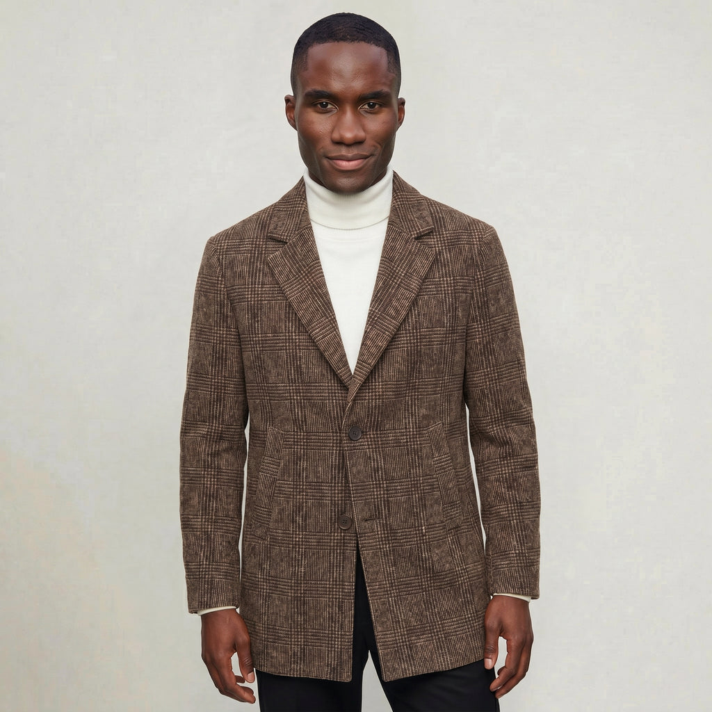 Men’s Checked Overcoat - Single Breasted Smart Casual Long Coat