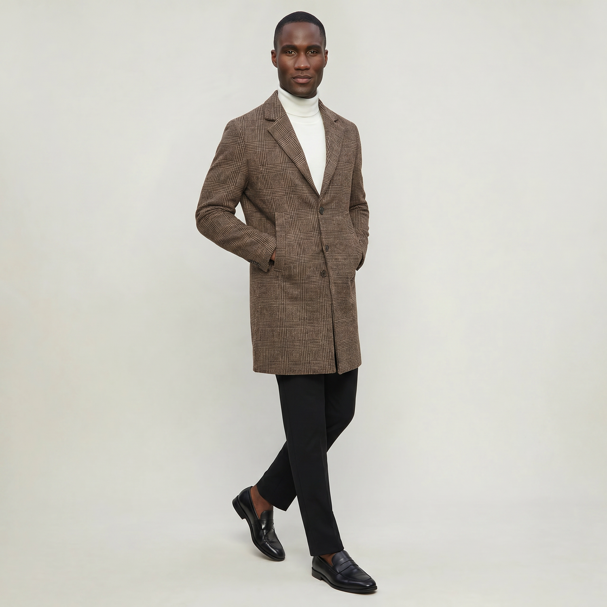 Men’s Checked Overcoat - Single Breasted Smart Casual Long Coat