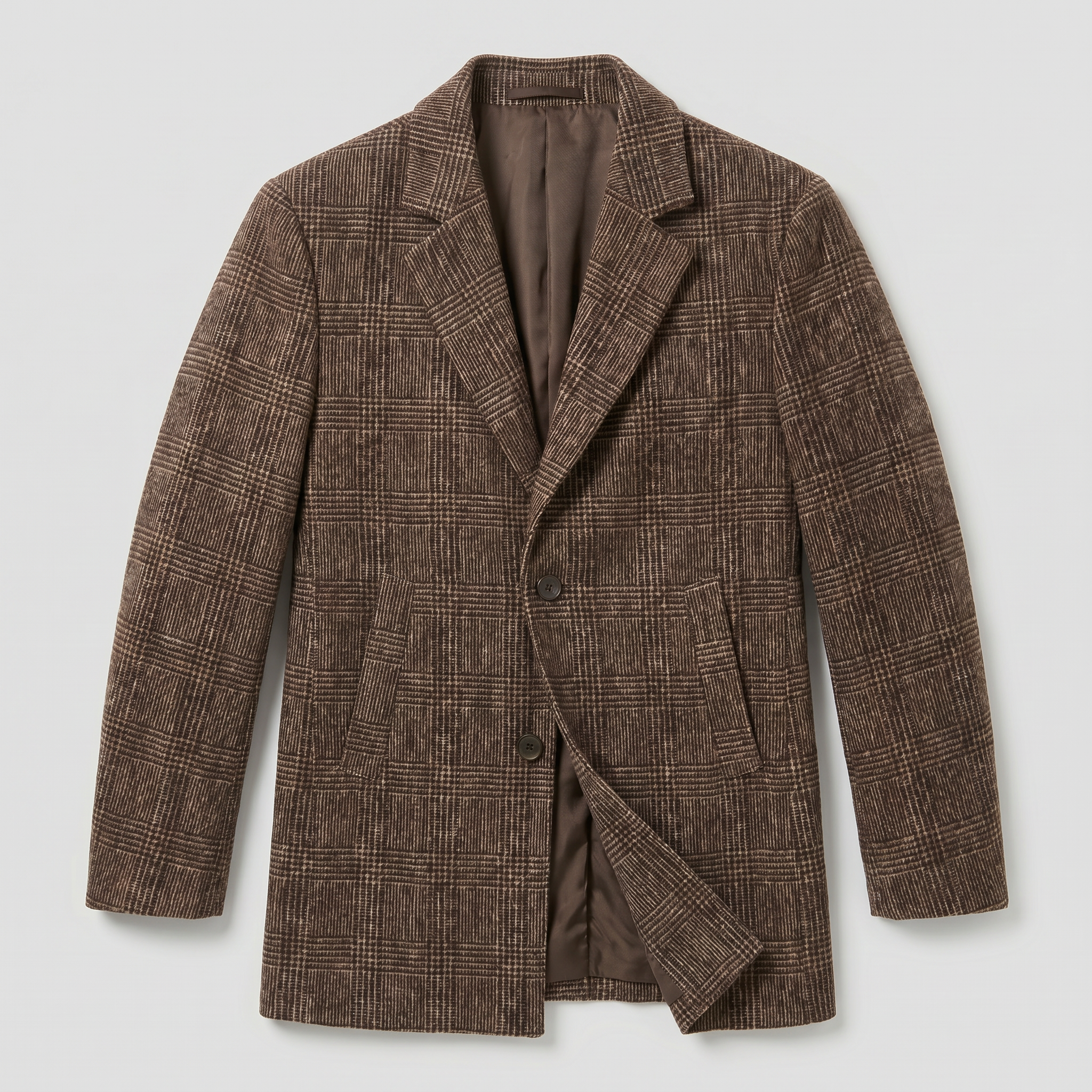 Men’s Checked Overcoat - Single Breasted Smart Casual Long Coat