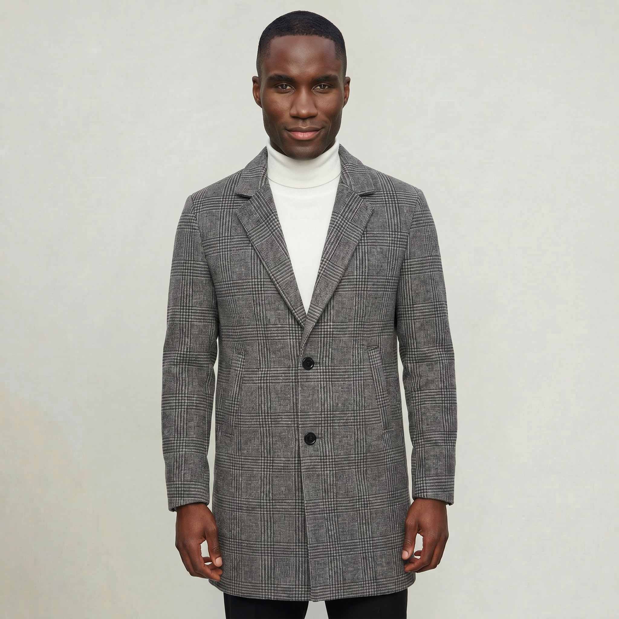 Men’s Checked Overcoat - Single Breasted Smart Casual Long Coat