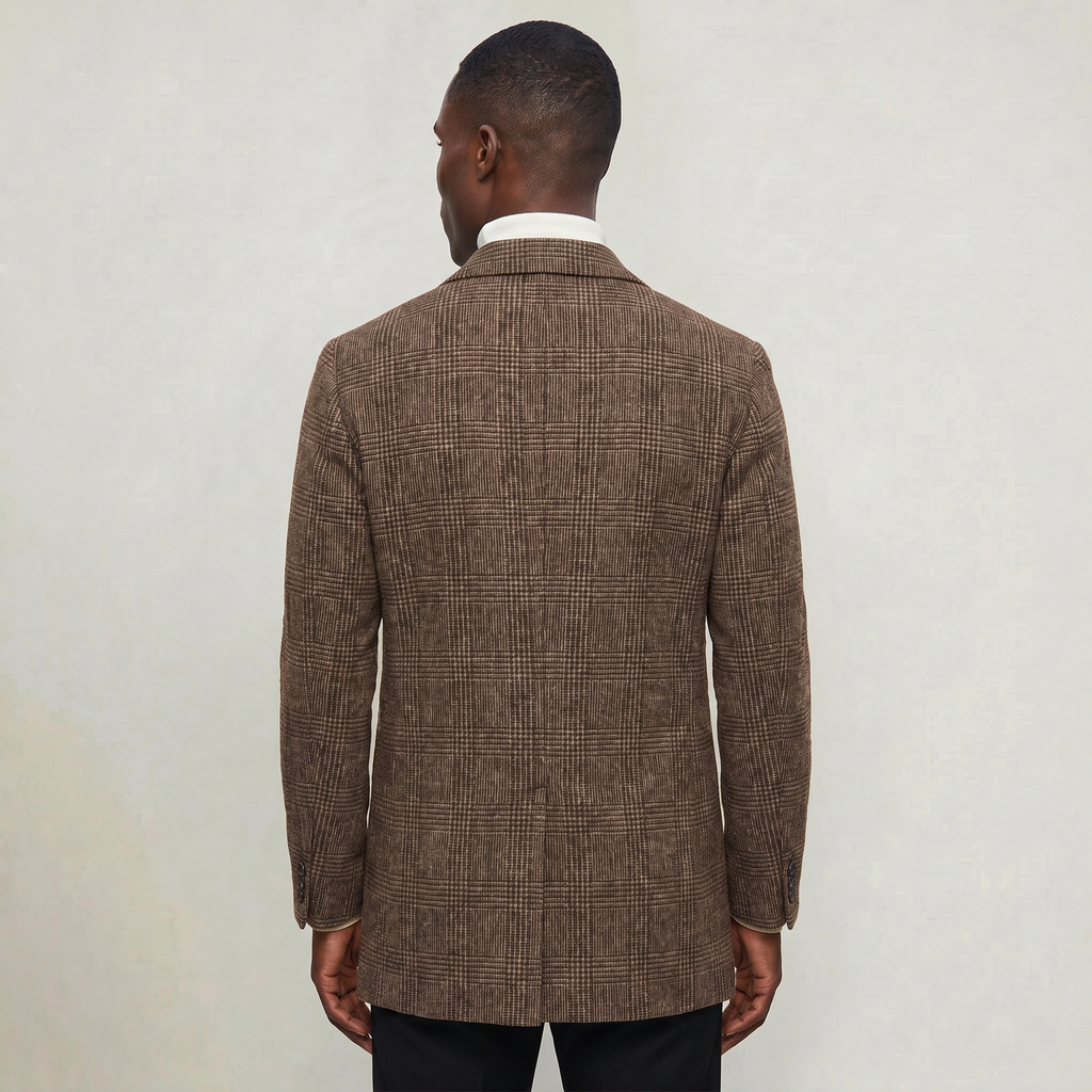 Men’s Checked Overcoat - Single Breasted Smart Casual Long Coat